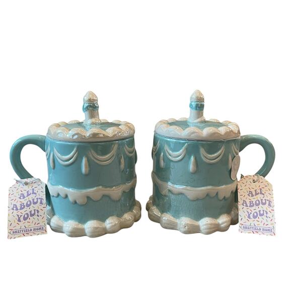 2pc Sheffield Home Hand Painted Blue Happy Birthday Cake Mug with Candle Lid New - Picture 1 of 16